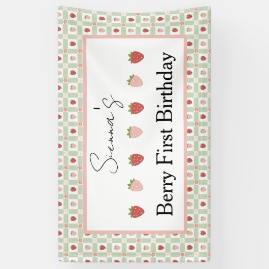 Strawberry Gingham First Birthday Party Banner (Vertikal)