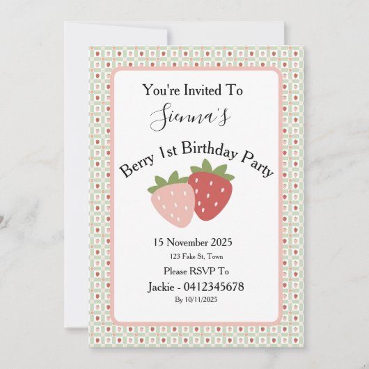 Strawberry Gingham First Birthday Party Einladung (Vorderseite)