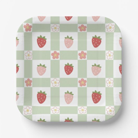 Strawberry Gingham First Birthday Square Pappteller (Vorderseite)