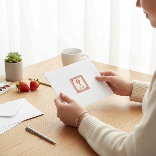 Strawberry Gingham Hot Air Balloon Baby Shower Quadratischer Aufkleber