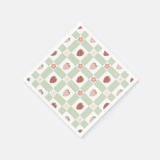 Strawberry Gingham Pastel Green 1st Birthday Serviette (Ecke)