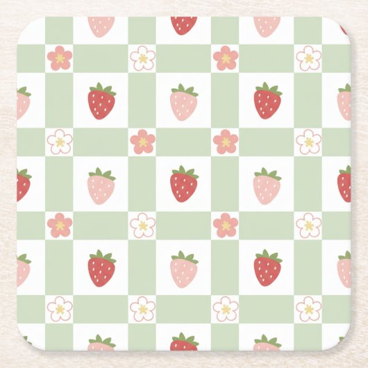 Strawberry Gingham Pastel Green Party Rechteckiger Pappuntersetzer (Vorderseite)