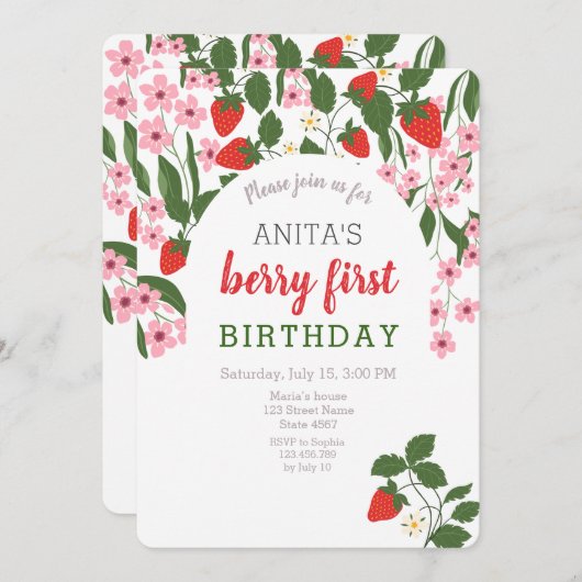 Strawberry Girl 1. Geburtstag Einladung (Vorne/Hinten)