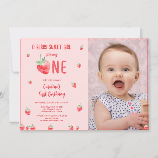 Strawberry Girl Erster Geburtstag Foto Einladung (Vorderseite)