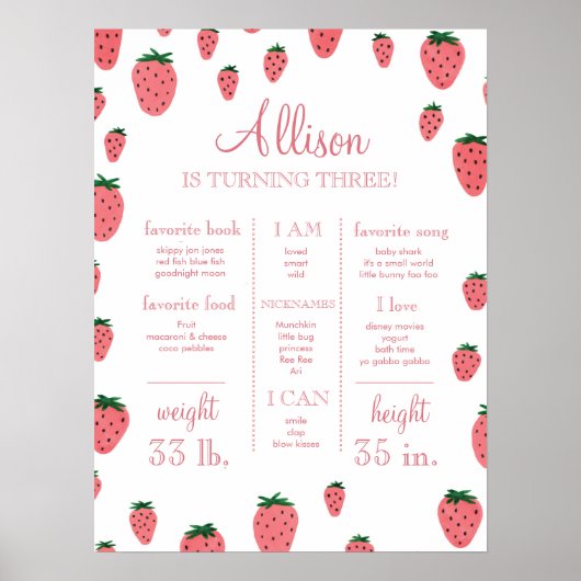 Strawberry Girl First Birthday Milestone Zeichen Poster (Vorne)