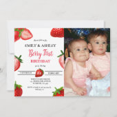 Strawberry Girl Twin Erster Geburtstag| Berry Swee Einladung (Vorderseite)