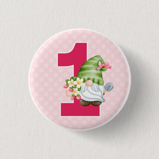 Strawberry Gnome Garden Baby Girl's 1. Geburtstag Button (Vorderseite)