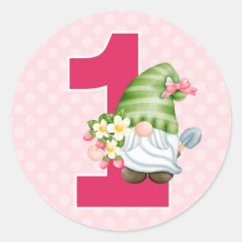 Strawberry Gnome Garden Baby Girl's 1st Birthday C Runder Aufkleber