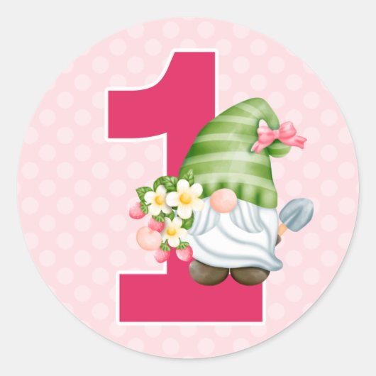 Strawberry Gnome Garden Baby Girl's 1st Birthday C Runder Aufkleber (Vorderseite)