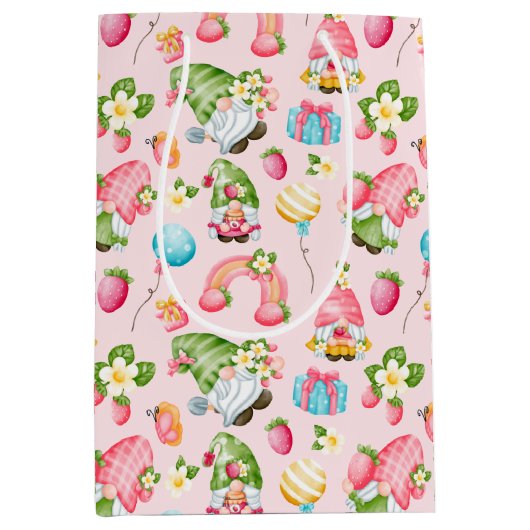 Strawberry Gnome Garden Little Girl's Birthday Mittlere Geschenktüte (Vorderseite)