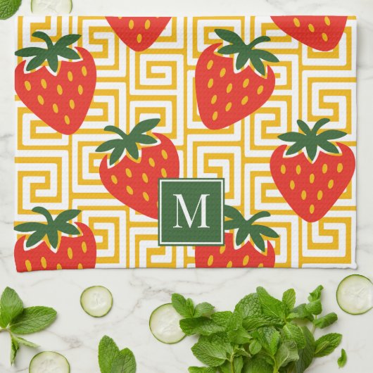 Strawberry Greek Key Monogram Geschirrtuch (Gefaltet)