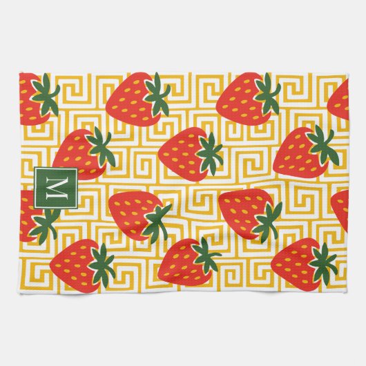 Strawberry Greek Key Monogram Geschirrtuch (Horizontal)