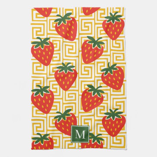 Strawberry Greek Key Monogram Geschirrtuch (Vertikal)