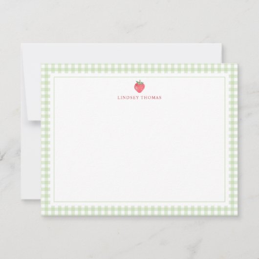 Strawberry Green Gingham Border Personalized Mitteilungskarte (Vorderseite)