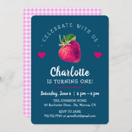 Strawberry Hearts Birthday Girl Blue Green Dankeskarte