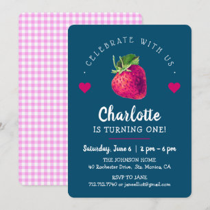 Strawberry Hearts Birthday Girl Blue Green Dankeskarte