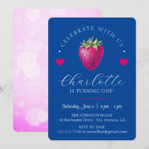 Strawberry Hearts Birthday Girl Dark Blue Dankeskarte