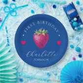 Strawberry Hearts Birthday Girl Dark Blue Pappteller (Party)