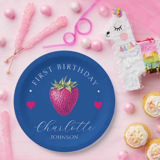 Strawberry Hearts Birthday Girl Dark Blue Pappteller (Party)