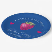 Strawberry Hearts Birthday Girl Dark Blue Pappteller (Schrägansicht)