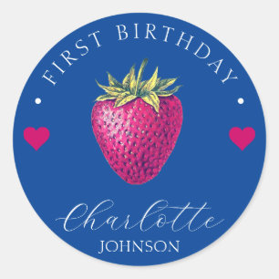 Strawberry Hearts Birthday Girl Dark Blue Runder Aufkleber