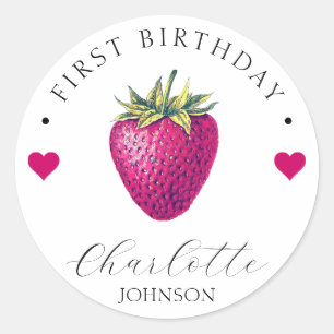 Strawberry Hearts Birthday Girl White Runder Aufkleber