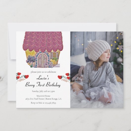 Strawberry House Berry First Girl 1. Geburtstag Einladung (Vorderseite)