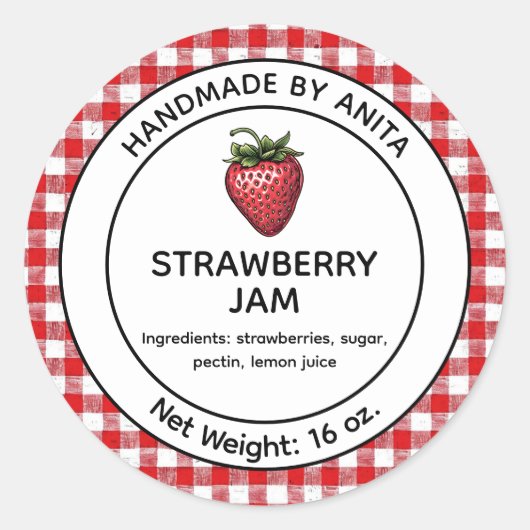 Strawberry Jam Jelly Jar Label Kariert Gingham Runder Aufkleber (Vorderseite)
