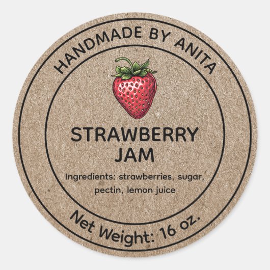 Strawberry Jam Jelly Jar Label Kraft Paper Style Runder Aufkleber (Vorderseite)