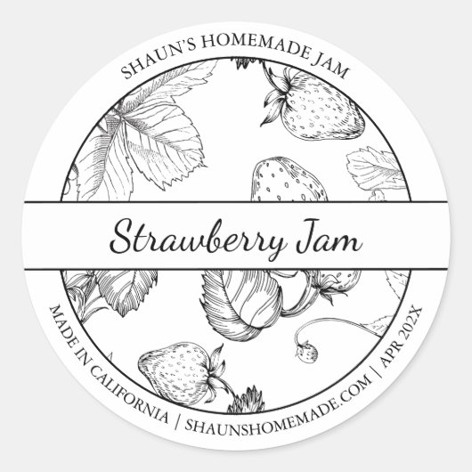 Strawberry-Jam-Label für Schwarz-Weiß-Sketch Runder Aufkleber (Vorderseite)