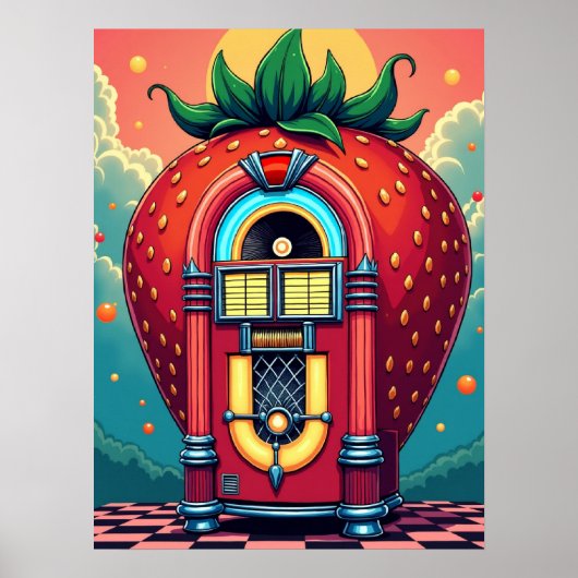 Strawberry Jukebox: Retro Surrealismus Pop Art Poster (Vorne)