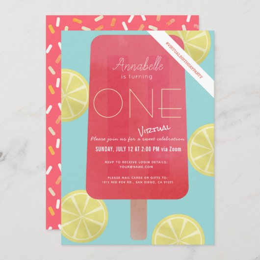 Strawberry Lemonade Popsicle Virtual 1. Geburtstag Einladung (Vorne/Hinten)