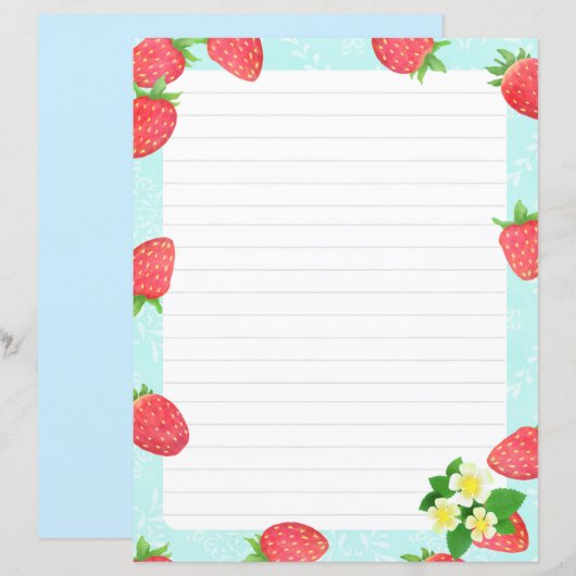 Strawberry Lined Blue Stationery Paper (Vorne/Hinten)