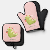Strawberry Matcha Dinosaur  Ofenhandschuh & Topflappen-Set (Vorderseite/Rückseite)
