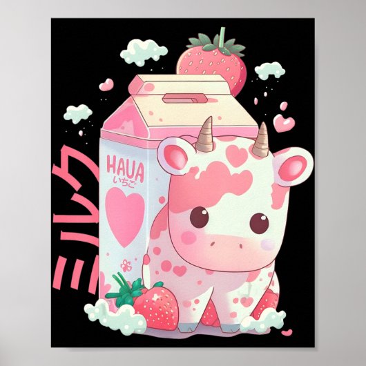 Strawberry Milk Milkshake Cow Carton Niedlich Kawa Poster (Vorne)