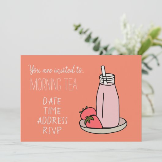 Strawberry Milkshake Retro Rosa Morgentee Einladung (Stehend Vorderseite)