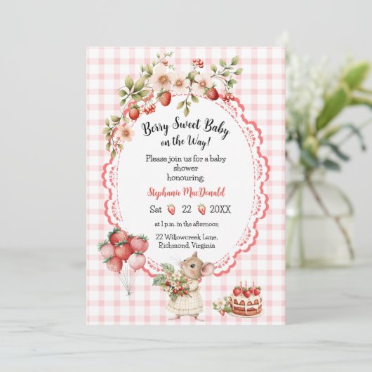 Strawberry Mouse Kinderdusche Einladung (Stehend Vorderseite)