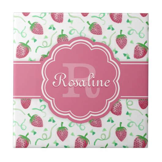 Strawberry-Muster mit Monogramm Fliese (Vorderseite)