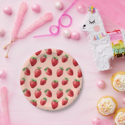 Strawberry-Muster Pastellrosa Pappteller (Party)