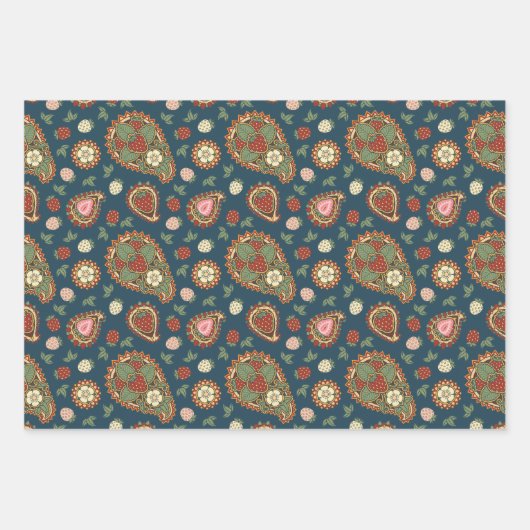 Strawberry Paisley Muster Wrapping Paper Sheets Geschenkpapier Set (Vorderseite)