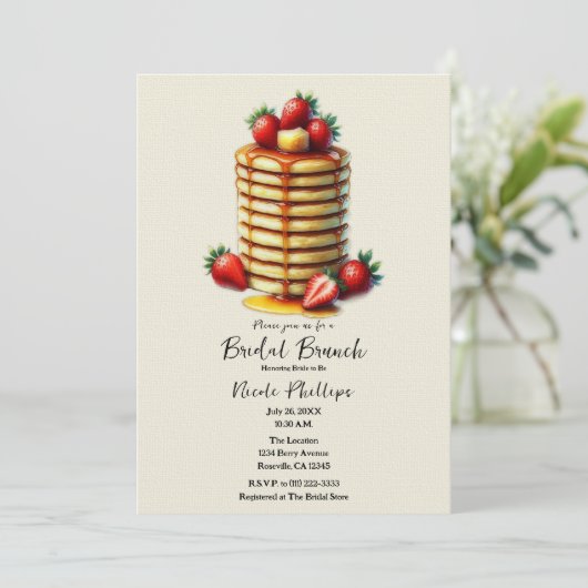 Strawberry Pancakes Stack Bridal Brunch Dusche Einladung (Stehend Vorderseite)