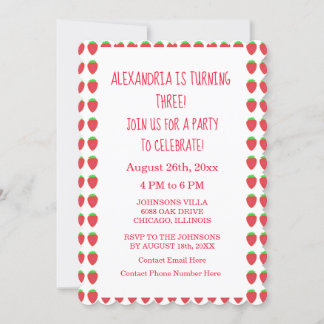 Strawberry Patterns 3. Geburtstag Party Custom Age Einladung
