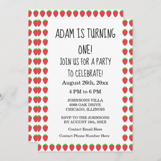 Strawberry Patterns Custom Age 1st Birthday Party Einladung (Vorne/Hinten)