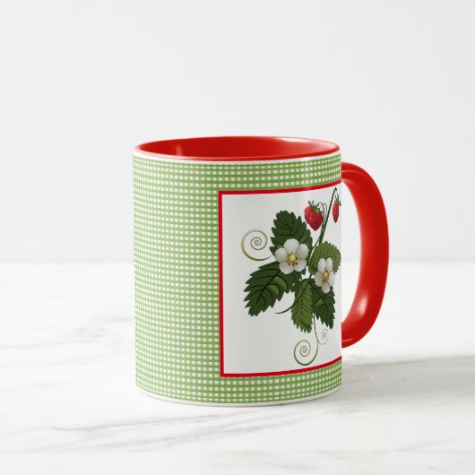 Strawberry-Pflanze mit Gingham Border-Tasse Tasse (VorderseiteRechts)