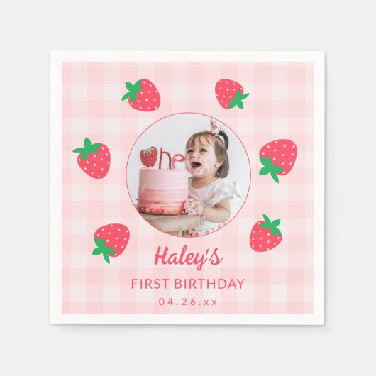 Strawberry Pink Berry First Baby Birthday Foto Serviette (Vorderseite)