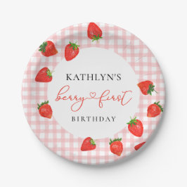 Strawberry Pink Berry First Kariert Gingham Birthd Pappteller
