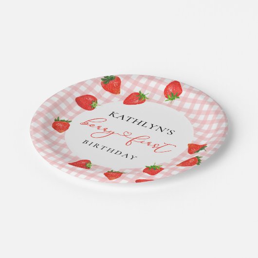 Strawberry Pink Berry First Kariert Gingham Birthd Pappteller (Schrägansicht)