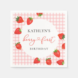 Strawberry Pink Berry First Kariert Gingham Birthd Serviette