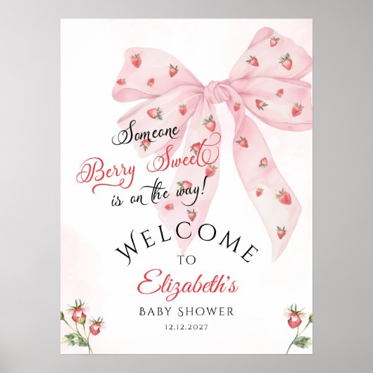 Strawberry Pink Bow Baby Dusche Willkommen Poster (Vorne)