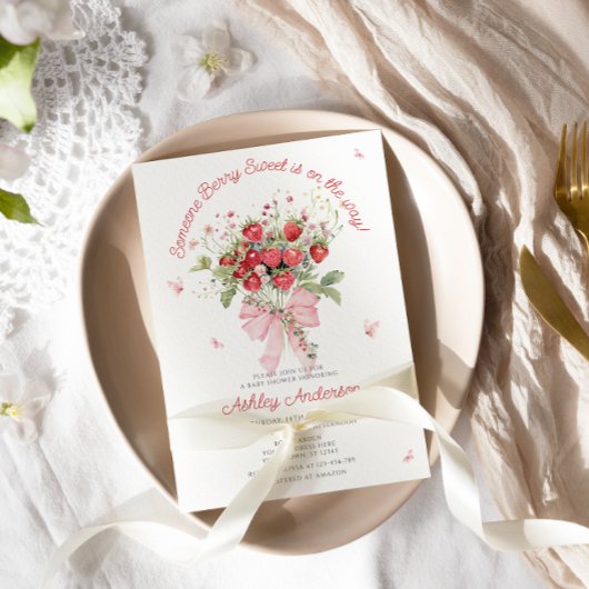 Strawberry Pink Bow Floral Baby Dusche Einladung